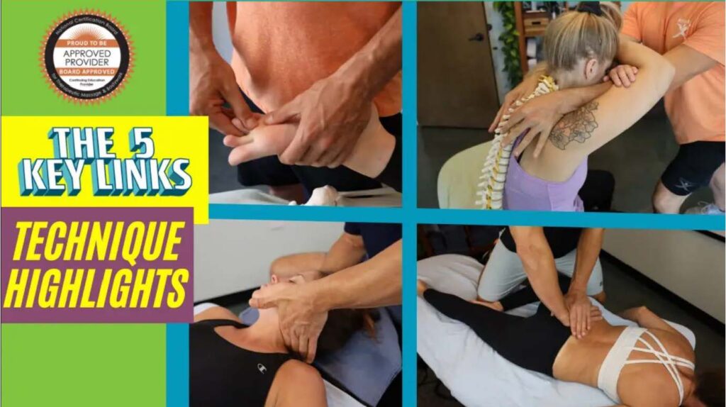 The 5 Key Links Technique Highlights course graphic, which shows four different massage practices.